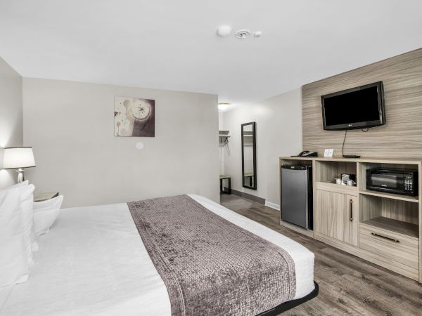 A bright hotel room with a bed, wall art, a wall-mounted TV, and a small cabinet with microwave and fridge.