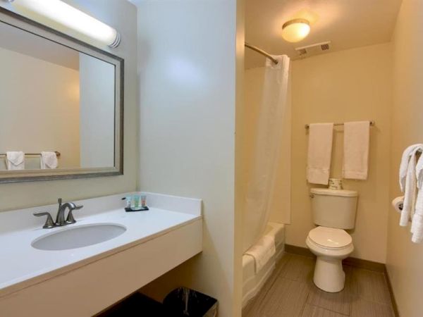 A small bathroom with a single sink, large mirror, shower/tub combo, toilet, and towel racks. 140 characters, ending the sentence.