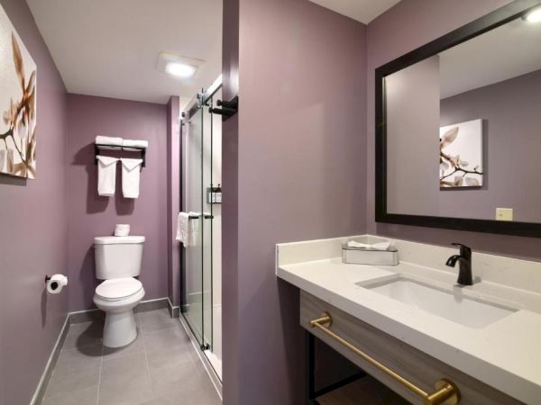 A compact bathroom with purple walls, white toilet, towel rack, glass shower, and a wide sink counter with a black faucet and mirror.