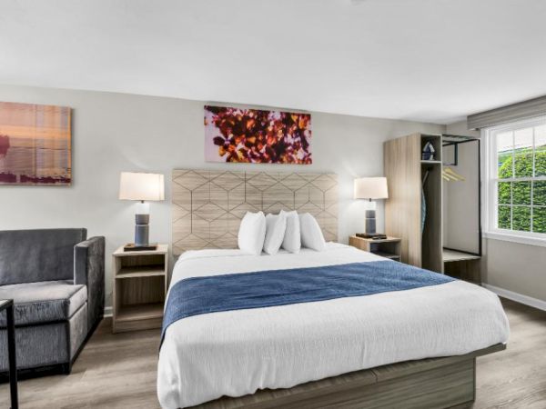 A bright hotel-style bedroom with a king bed, two nightstands, lamps, a sofa, art on the walls, and a small open closet area near a window, all in neutral tones.