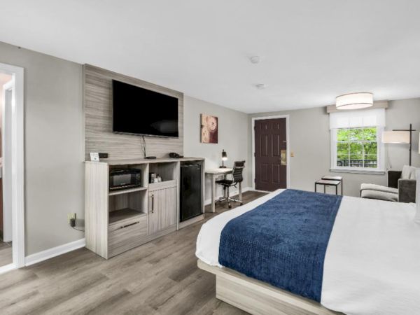 A modern hotel room with a king bed, blue throw, wall-mounted TV, fireplace console, desk, seating area, and large window in soft gray decor.