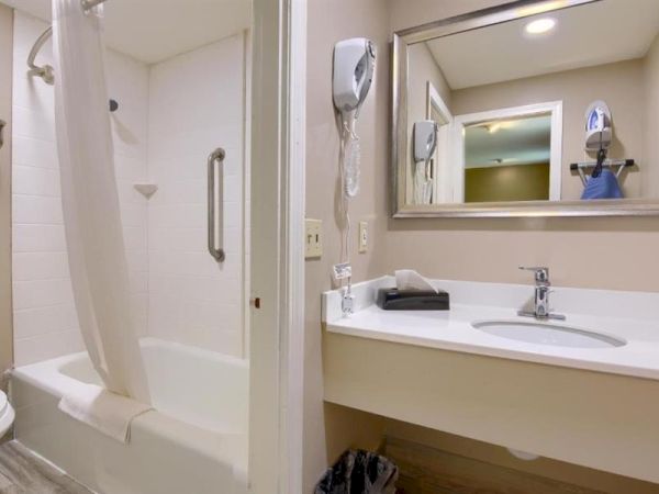 A small hotel bathroom with a shower/tub combo, a sink vanity, a mirror, and a wall-mounted hair dryer, plus basic amenities.