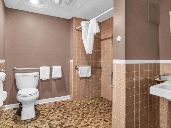 A dataset of a public bathroom: toilet, sink, mirror, towel racks, shower area, brown-tan tiles, with white towels and a sanitary layout.