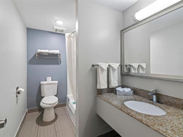 A compact bathroom with a toilet, shower/tub combo, and a granite countertop vanity with a large mirror, towels, and a towel bar.