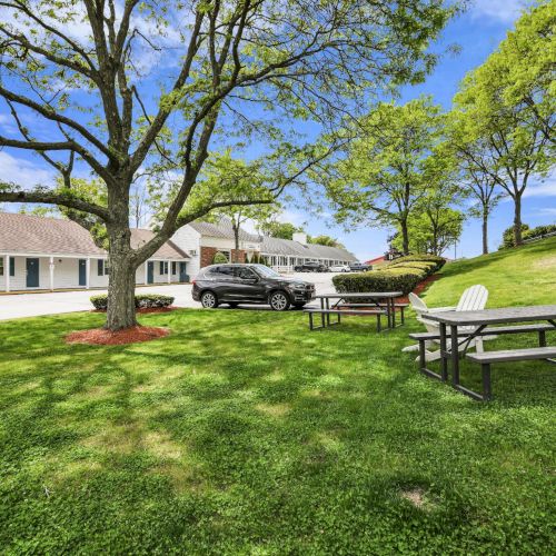 A sunny motel courtyard with green trees, parked cars, manicured lawns, and picnic benches under a blue sky, welcoming outdoor stays.