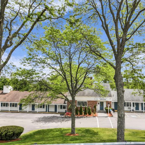 A leafy campus scene with tall trees and a low brick-and-white motel building under a bright blue spring sky.