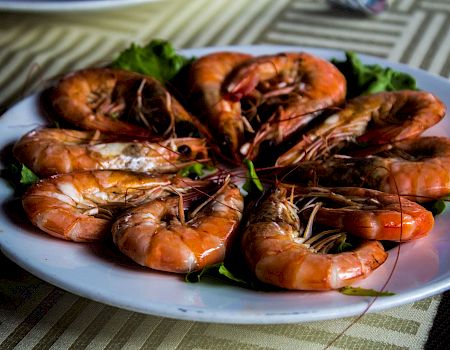 A plate piled with cooked shrimp, curled orange tails on greens, ready to serve as seafood.